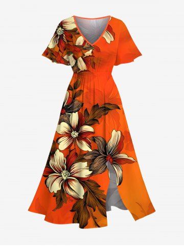 Plus Size Ombre Floral Leaves Print Hawaii Split Pocket A Line Midi Dress - ORANGE - 5X