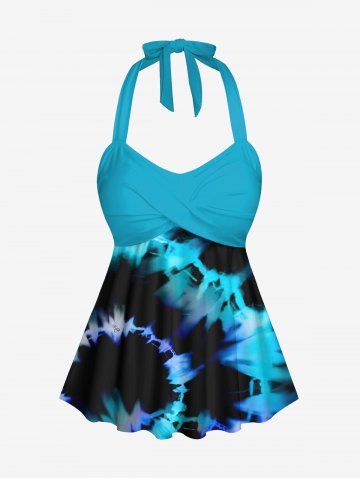Ombre Spiral Tie Dye Print Twist Halter Backless Tankini Top - SKY BLUE - XS
