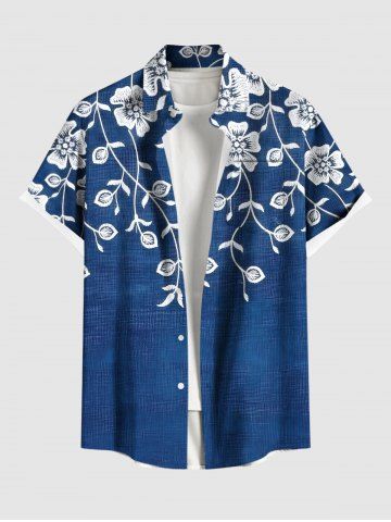 Plus Size Flower Leaf Branch Two Tone Print Hawaii Button Pocket Shirt For Men - BLUE - M