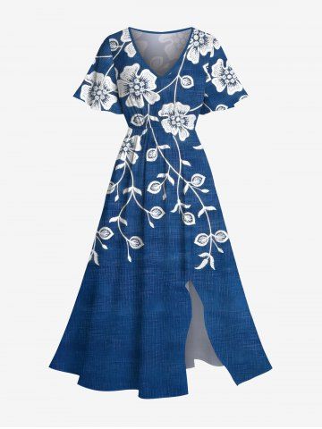 Plus Size Floral Leaves Branch Two Tone Print Hawaii Split Pocket A Line Midi Dress - BLUE - XXS