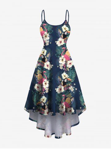Plus Size Tropical Leaf Hibiscus Flowers Flamingo Pineapple Print High Low Hawaii Cami Dress - DEEP GREEN - XS