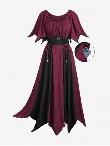 Plus Size Zipper O-ring Waist Cinched Pocket Ruched Textured Asymmetrical Dress - DEEP RED - 2X | US 18-20