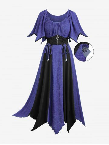 Plus Size Zipper O-ring Waist Cinched Pocket Ruched Textured Asymmetrical Dress - CONCORD - 3X | US 22-24