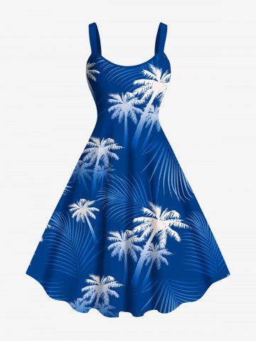 Plus Size Tropical Leaf Coconut Tree Print Hawaii Tank Dress - BLUE - XS