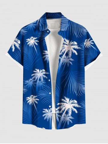 Plus Size Tropical Leaf Coconut Tree Print Buttons Pocket Hawaii Shirt For Men - BLUE - 3XL
