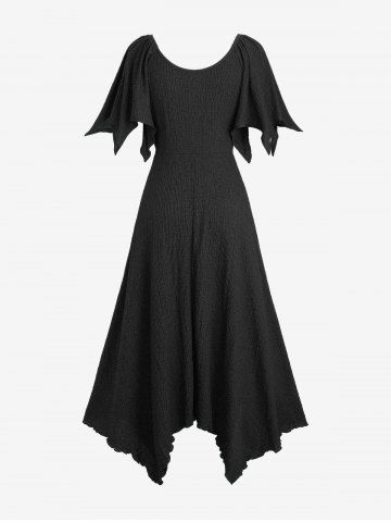 Plus Size Zipper O-ring Waist Cinched Pocket Ruched Textured Asymmetrical Dress