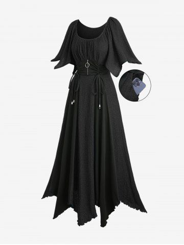 Plus Size Zipper O-ring Waist Cinched Pocket Ruched Textured Asymmetrical Dress