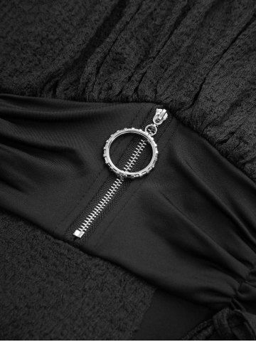 Plus Size Zipper O-ring Waist Cinched Pocket Ruched Textured Asymmetrical Dress