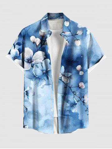 Plus Size Watercolor Tie Dye Ombre Flower Branch Print Hawaii Buttons Pocket Shirt For Men - BLUE - XL
