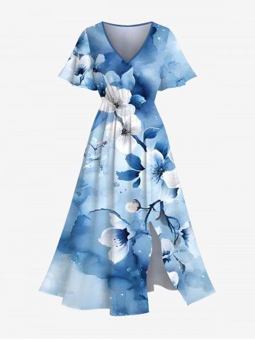 Plus Size Watercolor Tie Dye Ombre Flower Branch Print Hawaii Split Pocket A Line Midi Dress - LIGHT BLUE - 4X
