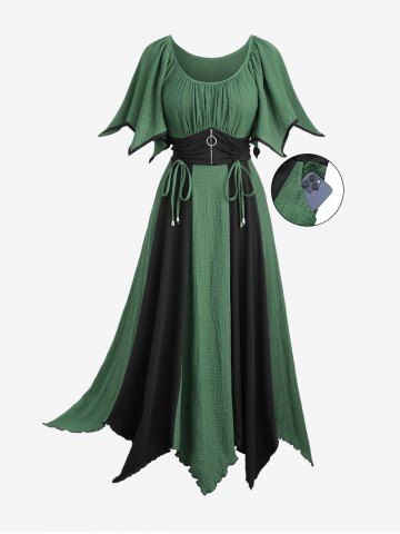Plus Size Zipper O-ring Waist Cinched Pocket Ruched Textured Asymmetrical Dress - MEDIUM SEA GREEN - 4X | US 26-28