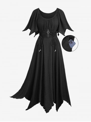 Plus Size Zipper O-ring Waist Cinched Pocket Ruched Textured Asymmetrical Dress - BLACK - 5X | US 30-32