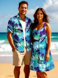 Coconut Tree Flower Ombre Seascape Print Plus Size Matching Hawaii Beach Outfit For Couples -  