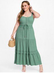 Plus Size Grommets Lace-up Ruched Scalloped Lace Trim Plisse Tank Dress -  