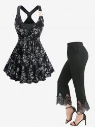 Bamboo Print Crossover 2 in 1 Tank Top and Scalloped Tassel Flare Pants Plus Size Outfit -  