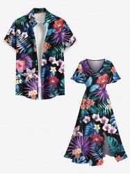 Tropical Leaf Hibiscus Flowers Butterfly Print Plus Size Matching Hawaii Beach Outfit For Couples -  