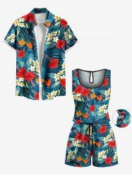 Matching Hawaii Shirt and Romper Plus Size Beach Outfit Tropical Leaf Hibiscus Printed for Couples -  