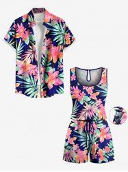 Matching Hawaii Shirt and Romper Plus Size Beach Outfit Tropical Leaf Hibiscus Printed for Couples -  