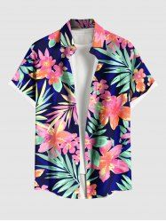 Plus Size Tropical Leaf Flowers Print Buttons Pocket Hawaii Shirt For Men -  