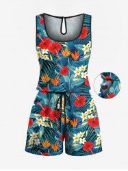Plus Size Tropical Leaf Hibiscus Flowers Print Cinched Hawaii Romper -  