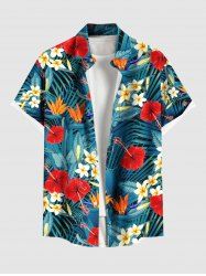 Plus Size Tropical Leaf Hibiscus Flowers Print Buttons Pocket Hawaii Shirt For Men -  