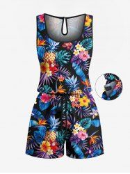 Plus Size Tropical Leaf Hibiscus Flowers Pineapple Print Cinched Hawaii Romper -  
