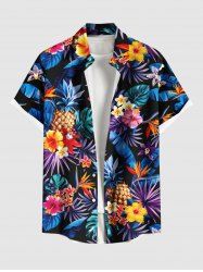 Chemise hawaïenne grande taille à imprimé feuilles tropicales, hibiscus, fleurs, ananas, boutons et poches pour homme - Noir 4XL