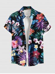 Plus Size Tropical Leaf Hibiscus Flowers Print Buttons Pocket Hawaii Shirt For Men -  