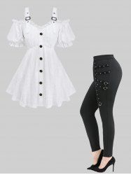 Jacquard Embroidery Pointelle Hollow Out Top and Straps Grommets Leggings Plus Size Outfit -  