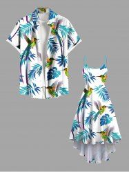 Tenue de plage hawaïenne assortie grande taille à imprimé feuilles tropicales, perroquets et oiseaux, pour couples - Bleu 