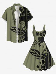 Flower Branch Leaf Two Tone Print Plus Size Matching Hawaii Beach Outfit For Couples -  