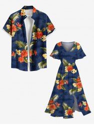 Tenue de plage hawaïenne assortie grande taille à imprimé feuilles tropicales et fleurs pour couples - Bleu 