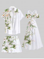 Tenue de plage hawaïenne assortie grande taille à imprimé floral et feuilles pour couples - Blanc 