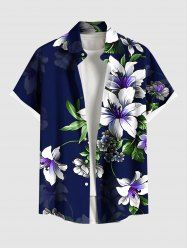 Plus Size Lily Flower Leaf Print Hawaii Button Pocket Shirt For Men -  