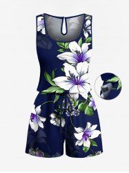 Plus Size Lily Flower Leaves Print Hawaii Drawstring Pocket Romper -  