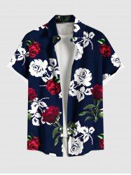 Plus Size Rose Flower Leaf Print Hawaii Button Pocket Shirt For Men -  