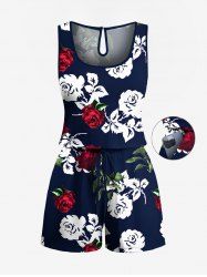 Plus Size Rose Flower Leaf Print Hawaii Drawstring Pocket Romper -  