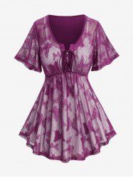 T-shirt Superposé Papillon en Dentelle 2 en 1 de Grande Taille à Lacets - Violet clair 4X | US 26-28