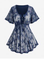 Plus Size Butterfly Lace Overlay Lace-up 2 in 1 Tee -  