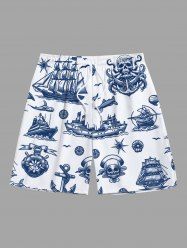 Short de plage hawaïen grande taille pour homme, imprimé tête de mort, pirate, pieuvre, ancre, croisière - Blanc 5XL