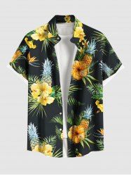 Plus Size Tropical Leaf Hibiscus Flower Pineapple Print Hawaii Button Pocket Shirt For Men -  