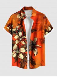 Plus Size Ombre Flower Leaf Print Hawaii Button Pocket Shirt For Men -  