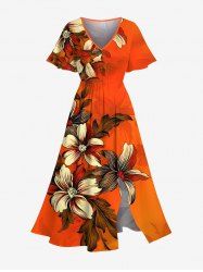 Plus Size Ombre Flower Leaf Print Hawaii Split Pocket A Line Midi Dress -  