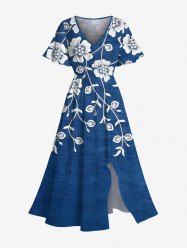 Plus Size Floral Leaves Branch Two Tone Print Hawaii Split Pocket A Line Midi Dress -  
