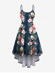 Plus Size Tropical Leaf Hibiscus Flowers Flamingo Pineapple Print High Low Hawaii Cami Dress -  