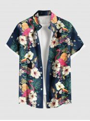 Chemise hawaïenne grande taille à imprimé feuilles tropicales, hibiscus, fleurs, ananas, flamant rose, boutons et poches pour homme - Vert profond XL