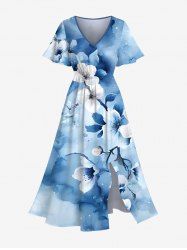 Plus Size Watercolor Tie Dye Ombre Flower Branch Print Hawaii Split Pocket A Line Midi Dress -  
