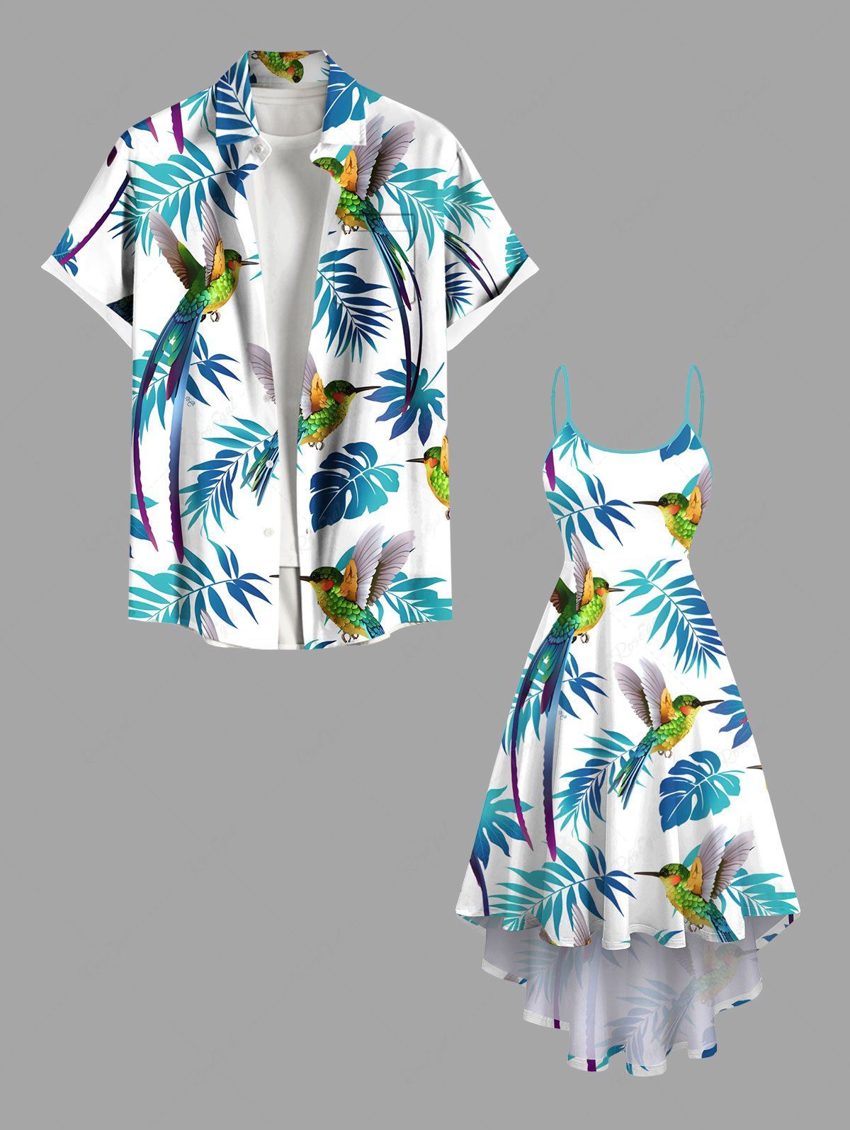 Tenue de plage hawaïenne assortie grande taille à imprimé feuilles tropicales, perroquets et oiseaux, pour couples Bleu 