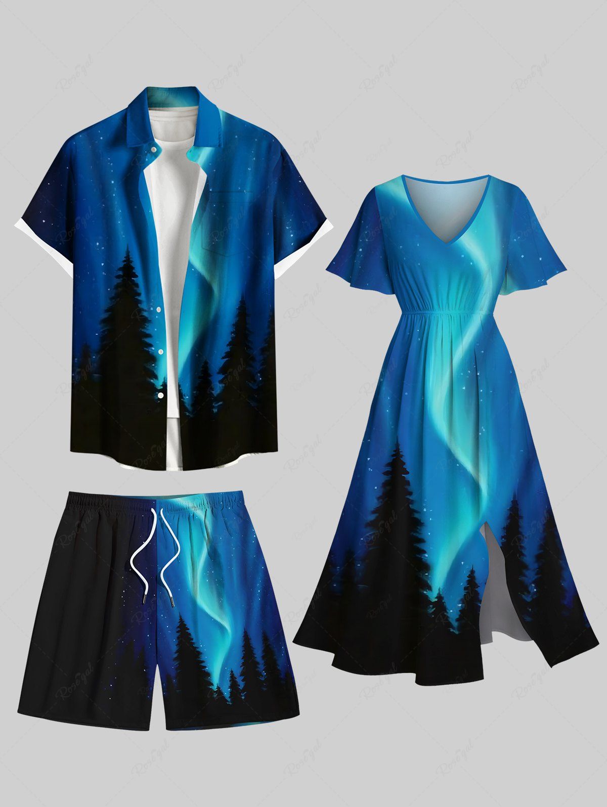 Sale Galaxy Star Tree Light Beam 3D Print Plus Size Matching Hawaii Beach Outfit For Couples  