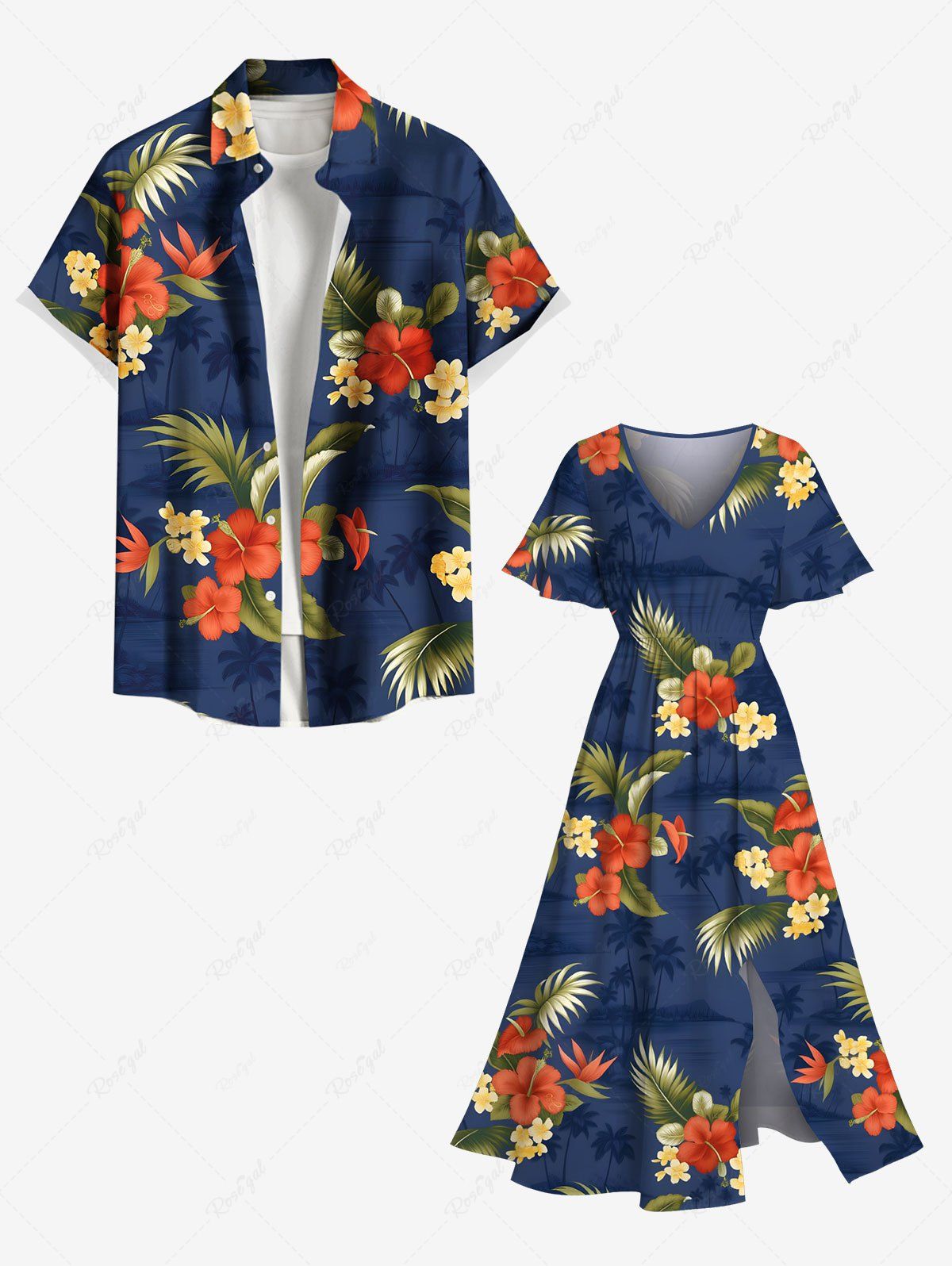 Tenue de plage hawaïenne assortie grande taille à imprimé feuilles tropicales et fleurs pour couples Bleu 